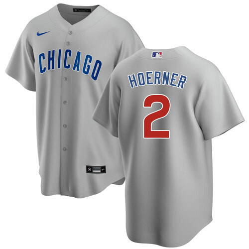 Men's Chicago Cubs #2 Nico Hoerner Grey Cool Base Stitched Baseball Jersey - Click Image to Close