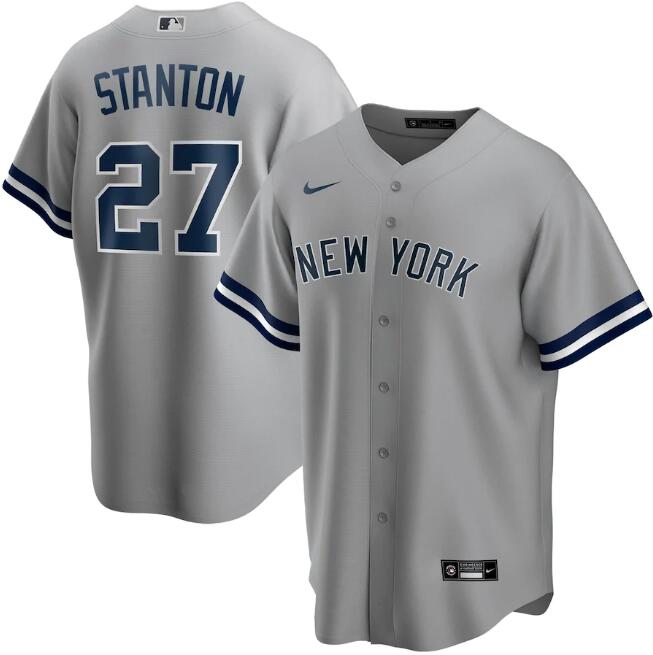 Men's New York Yankees Grey #27 Giancarlo Stanton Cool Base Stitched MLB Jersey.