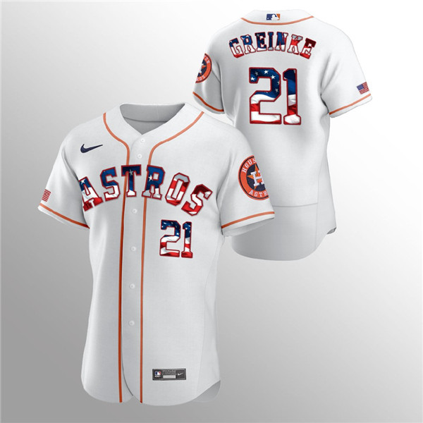 Men's Houston Astros White #21 Zack Greinke 2020 Stars & Stripes Flex Base Stitched MLB Jersey