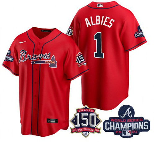 Men's Atlanta Braves #1 Ozzie Albies 2021 Red World Series Champions With 150th Anniversary Patch Cool Base Stitched Jersey