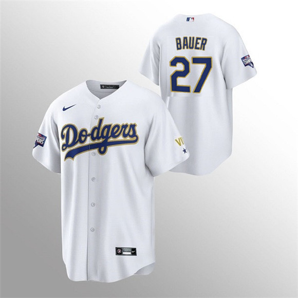 Men's Los Angeles Dodgers #27 Trevor Bauer White Gold Championship Cool Base Stitched MLB Jersey