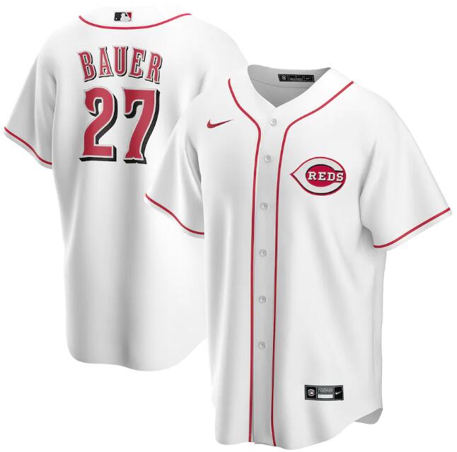 Men's Cincinnati Reds White #27 Trevor Bauer Cool Base Stitched MLB Jersey - Click Image to Close