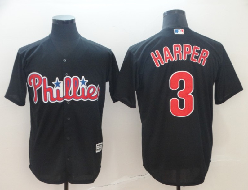 Men's Philadelphia Phillies #3 Bryce Harper Black Cool Base Stitched Jersey