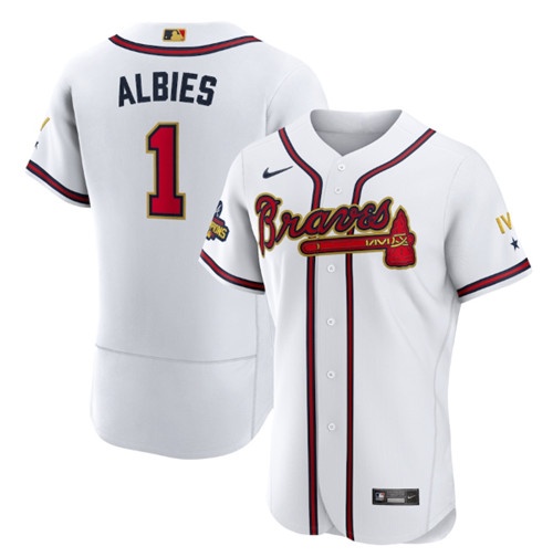 Men's Atlanta Braves #1 Ozzie Albies 2022 White/Gold World Series Champions Program Flex Base Stitched Baseball Jersey - Click Image to Close