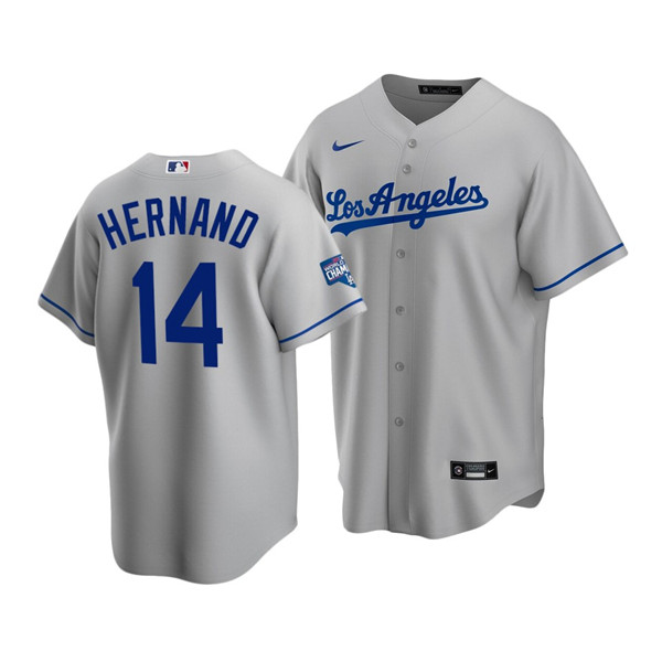 Men's Los Angeles Dodgers #14 Kik?? Hern??ndez Grey 2020 World Series Champions Home Patch Cool Base Stitched MLB Jersey