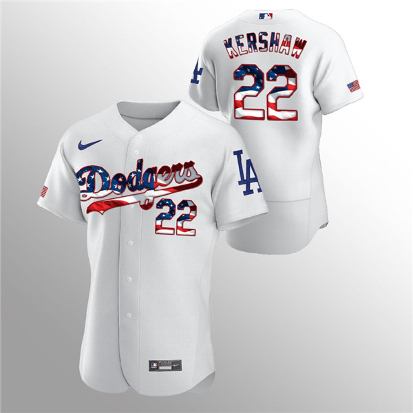 Men's Los Angeles Dodgers White #22 Clayton 2020 Stars & Stripes Flex Base Stitched MLB Jersey - Click Image to Close