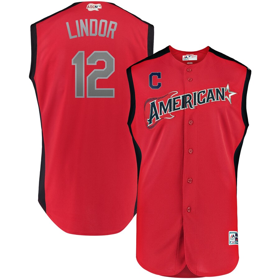 American League #12 Francisco Lindor Red 2019 MLB All-Star Game Workout Stitched Jersey