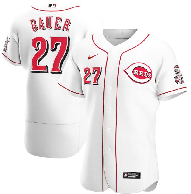 Men's Cincinnati Reds White #27 Trevor Bauer Flex Base Stitched MLB Jersey - Click Image to Close