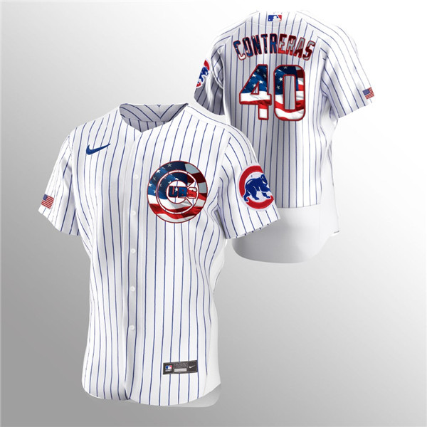 Men's Chicago Cubs White #40 Willson Contreras 2020 Stars & Stripes Flex Base Stitched MLB Jersey