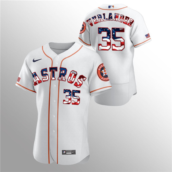 Men's Houston Astros White #35 Justin Verlander 2020 Stars & Stripes Flex Base Stitched MLB Jersey