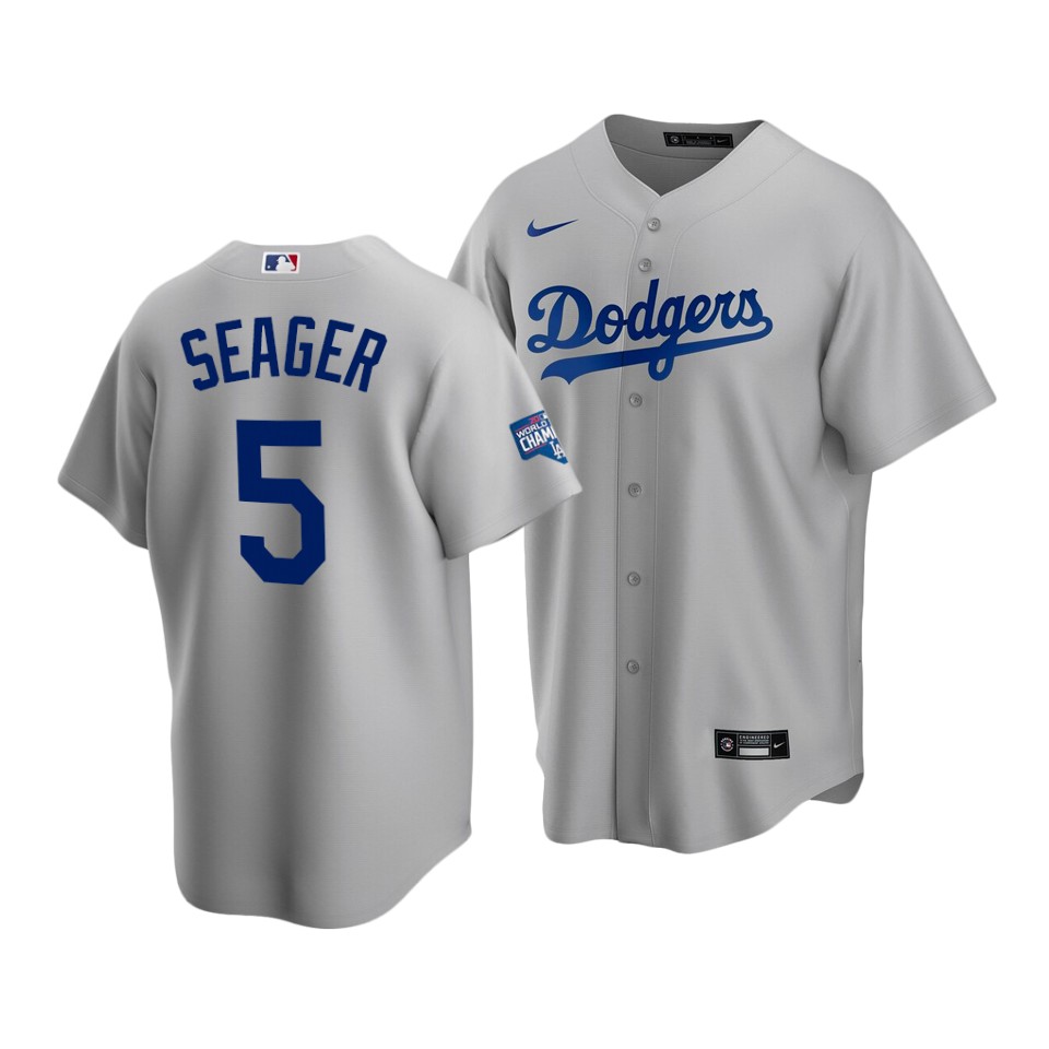 Men's Los Angeles Dodgers #5 Corey Seager Grey 2020 World Series Champions Home Patch Cool Base Stitched MLB Jersey - Click Image to Close