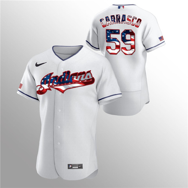 Men's Cleveland Indians White #59 Carlos Carrasco 2020 Stars & Stripes Flex Base Stitched MLB Jersey