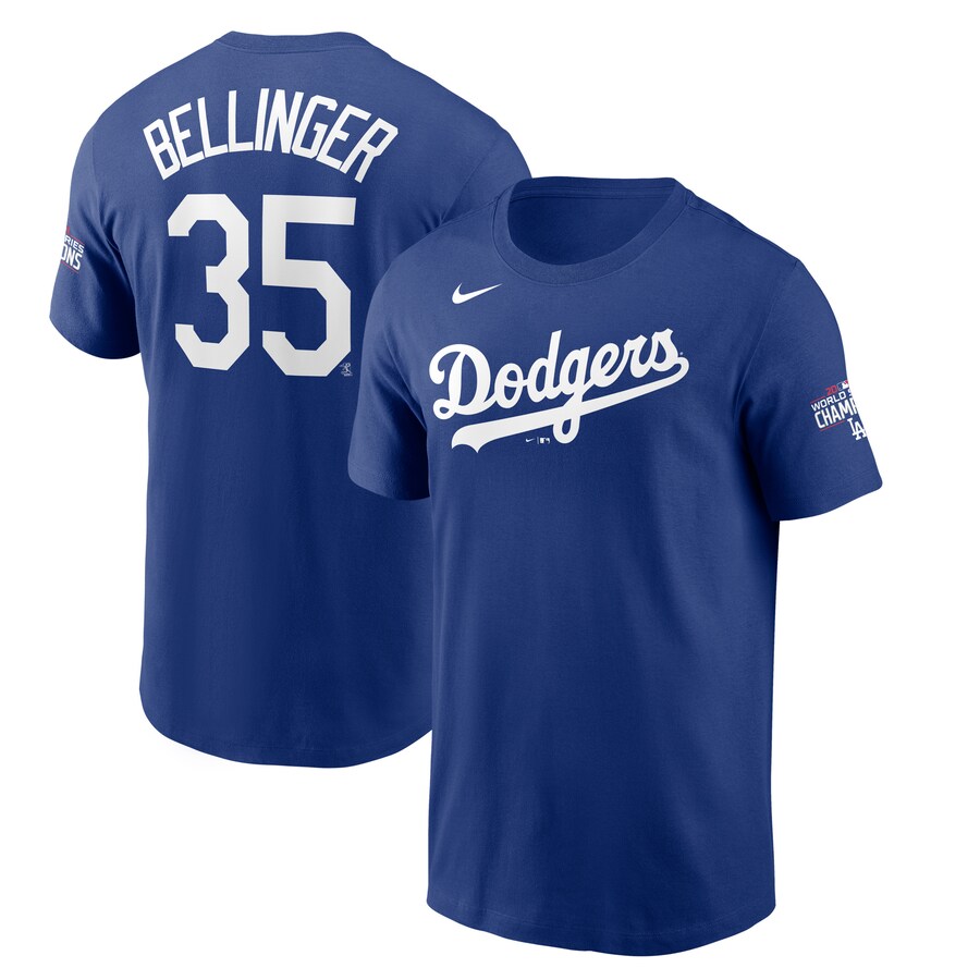 Men's Los Angeles Dodgers #35 Cody Bellinger Royal 2020 World Series Champions T-Shirt - Click Image to Close