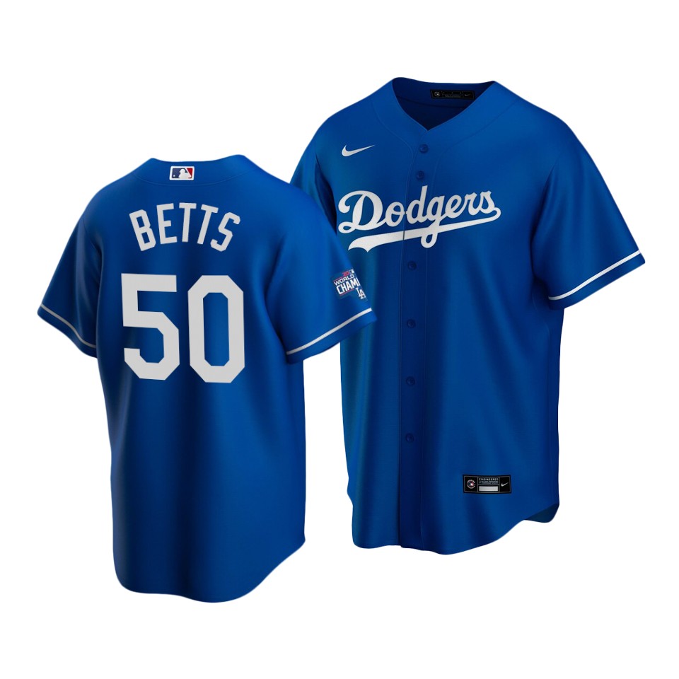 Men's Los Angeles Dodgers #50 Mookie Betts Blue 2020 World Series Champions Home Patch Cool Base Stitched MLB Jersey - Click Image to Close