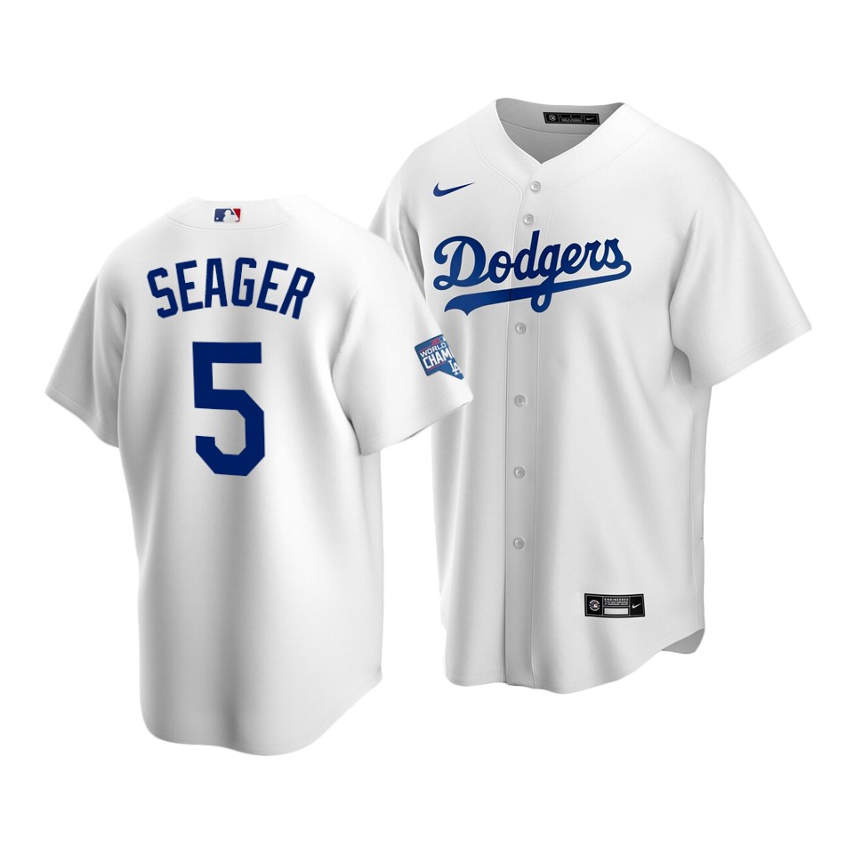 Men's Los Angeles Dodgers #5 Corey Seager White 2020 World Series Champions Home Patch Cool Base Stitched MLB Jersey - Click Image to Close