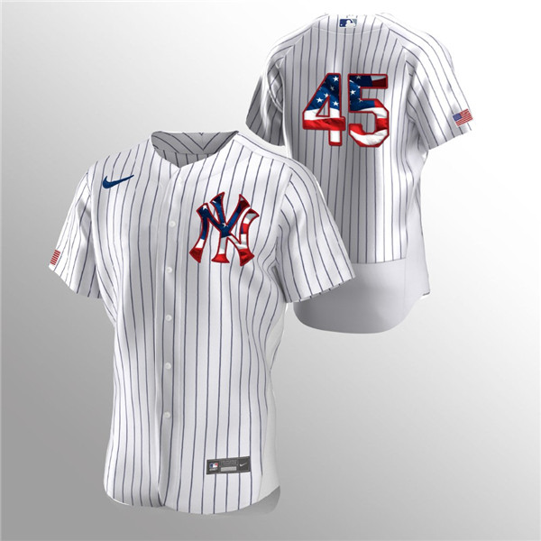 Men's New York Yankees White #45 Gerrit Cole 2020 Stars & Stripes Flex Base Stitched MLB Jersey