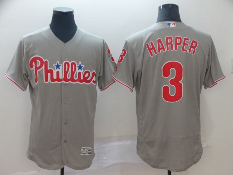 Men's Philadelphia Phillies #3 Bryce Harper Grey Flex Base Stitched MLB Jersey - Click Image to Close