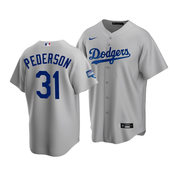 Men's Los Angeles Dodgers #31 Joc Pederson Grey 2020 World Series Champions Home Patch Stitched MLB Jersey - Click Image to Close