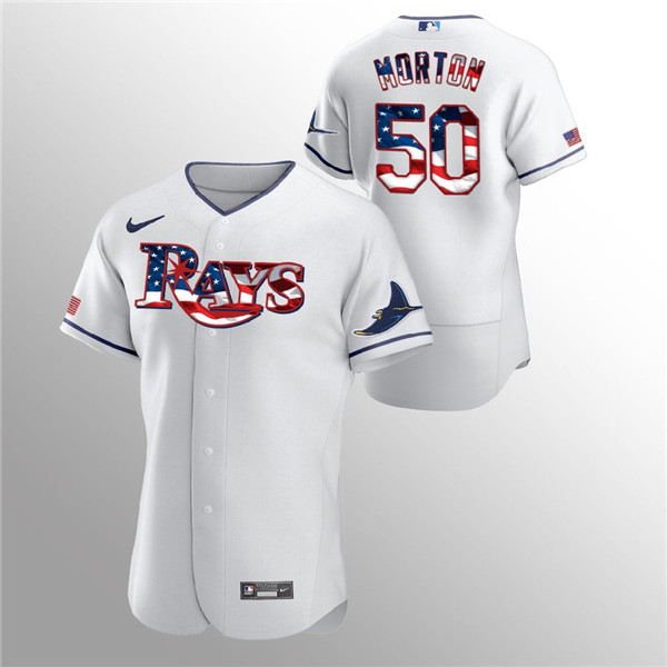 Men's Tampa Bay Rays White #50 Charlie Morton 2020 Stars & Stripes Flex Base Stitched MLB Jersey - Click Image to Close