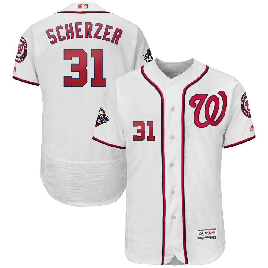 Men's Washington Nationals #31 Max Scherzer Majestic White 2019 World Series Bound Flex Base Stitched MLB Jersey