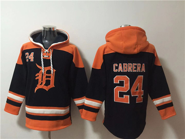 Men's Detroit Tigers #24 Miguel Cabrera Black/Orange Lace-Up Pullover Hoodie - Click Image to Close