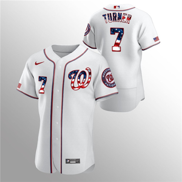 Men's Washington Nationals White #7 Trea Turner 2020 Stars & Stripes Flex Base Stitched MLB Jersey