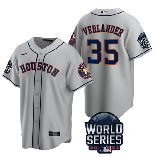 Men's Houston Astros #35 Justin Verlander 2021 Gray World Series Cool Base Stitched Baseball Jersey