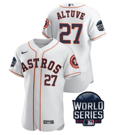 Men's Houston Astros #27 Jose Altuve 2021 White World Series Flex Base Stitched Baseball Jersey