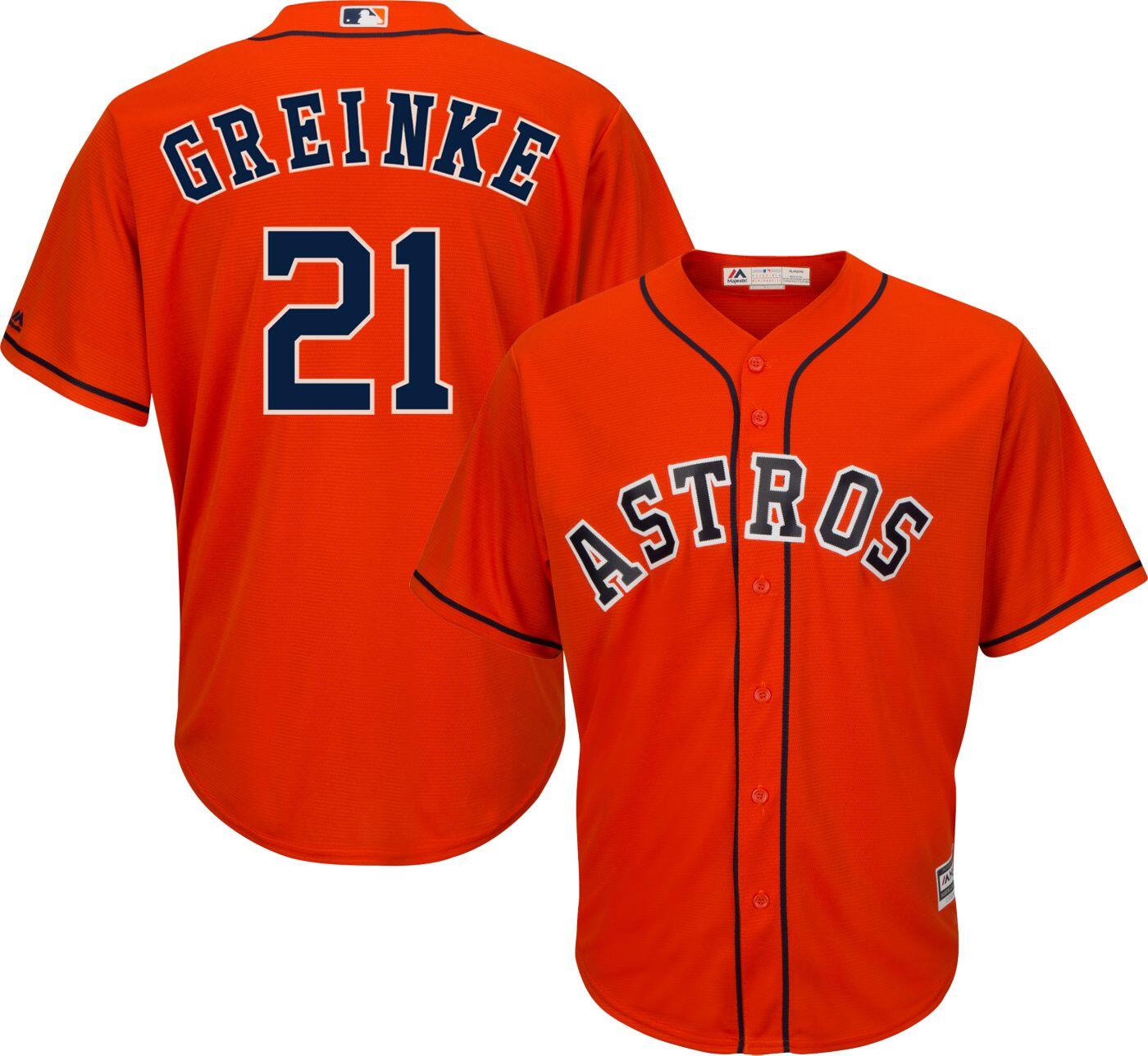 Men's Houston Astros #21 Zack Greinke Majestic Orange 2019 Cool Base Stitched MLB Jersey - Click Image to Close