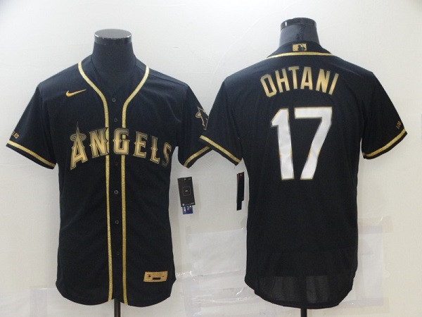 Men's Los Angeles Angels #17 Shohei Ohtani 2021 Black Golden Edition Flex Base Stitched Baseball Jersey - Click Image to Close