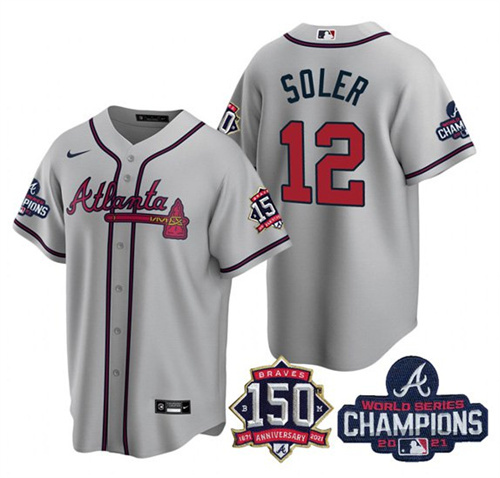 Men's Atlanta Braves #12 Jorge Soler 2021 Gray World Series Champions With 150th Anniversary Patch Cool Base Stitched Jersey