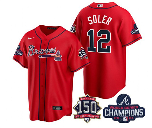 Men's Atlanta Braves #12 Jorge Soler 2021 Red World Series Champions With 150th Anniversary Patch Cool Base Stitched Jersey