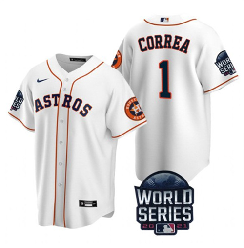 Men's Houston Astros #1 Carlos Correa 2021 White World Series Cool Base Stitched Baseball Jersey - Click Image to Close