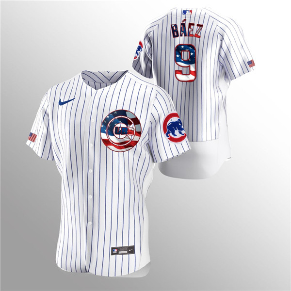 Men's Chicago Cubs White #9 Javier Baez 2020 Stars & Stripes Flex Base Stitched MLB Jersey