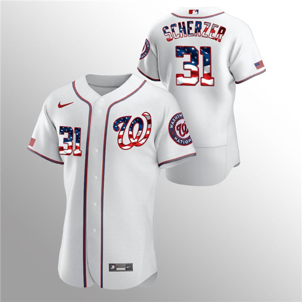 Men's Washington Nationals White #31 Max Scherzer 2020 Stars & StripesFlex Base Stitched MLB Jersey