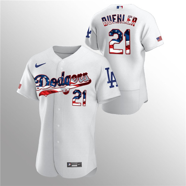 Men's Los Angeles Dodgers White #21 Walker Buehler 2020 Stars & Stripes Flex Base Stitched MLB Jersey - Click Image to Close