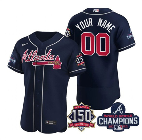 Men's Atlanta Braves Navy ACTIVE PLAYER Custom 2021 Red World Series Champions With 150th Anniversary Stitched Jersey