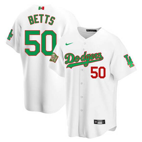 Men's Los Angeles Dodgers #50 Mookie Betts White Green Mexico 2020 World Series Stitched MLB Jersey