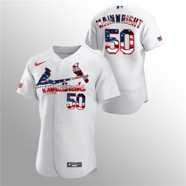 Men's St. Louis Cardinals White #50 Adam Wainwright 2020 Stars & Stripes Flex Base Stitched MLB Jersey - Click Image to Close