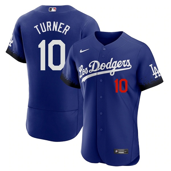 Men's Los Angeles Dodgers #10 Justin Turner 2021 Royal City Connect Flex Base Stitched Baseball Jersey - Click Image to Close