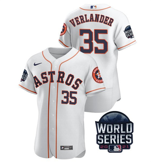 Men's Houston Astros #35 Justin Verlander 2021 White World Series Flex Base Stitched Baseball Jersey