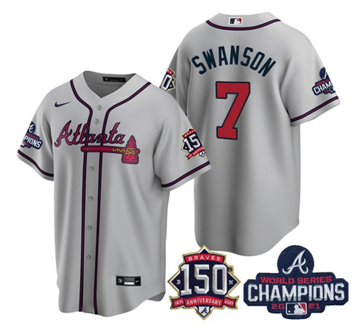 Men's Atlanta Braves #7 Dansby Swanson 2021 Gray World Series Champions With 150th Anniversary Patch Cool Base Stitched Jersey - Click Image to Close