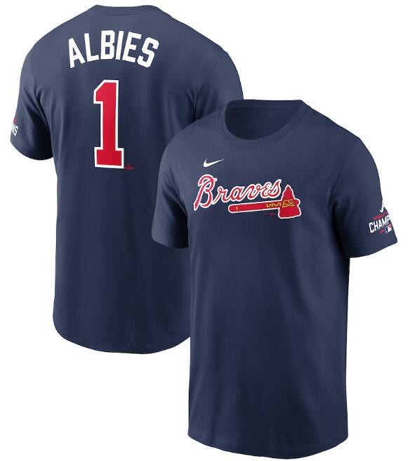 Men's Atlanta Braves #1 Ozzie Albies 2021 Navy World Series Champions Player Name & Number T-Shirt - Click Image to Close