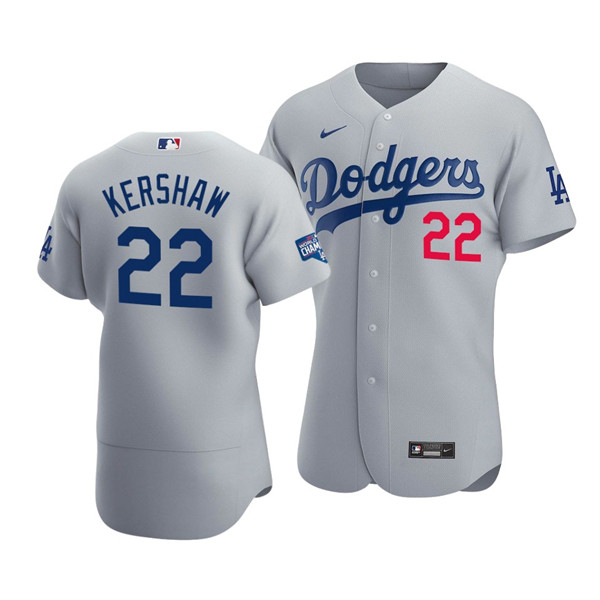 Men's Los Angeles Dodgers #22 Clayton Kershaw 2020 Grey World Series Champions Patch Flex Base MLB Sttiched Jersey - Click Image to Close