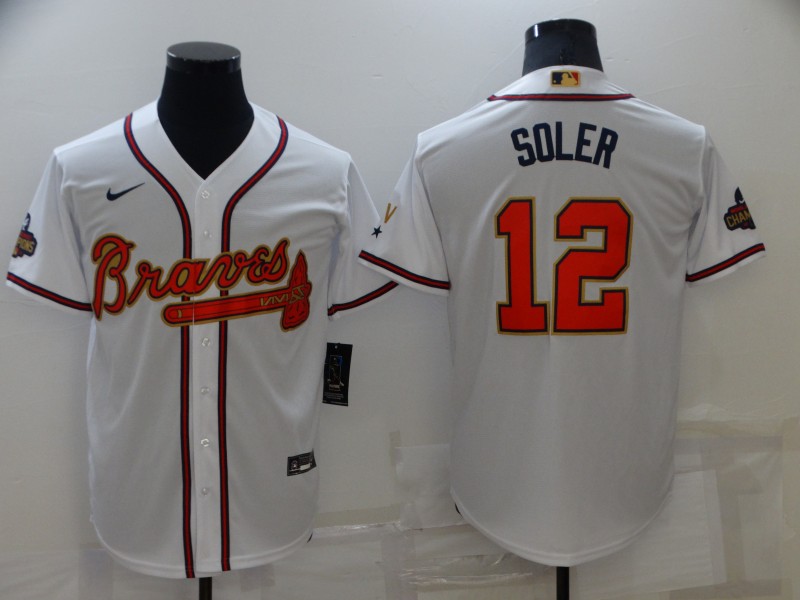 Men's Atlanta Braves #12 Jorge Soler 2022 White/Gold World Series Champions Program Cool Base Stitched Baseball Jersey