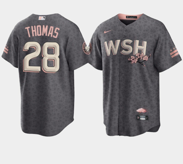 Men's Washington Nationals #28 Lane Thomas 2022 Gray City Connect Cherry Blossom Cool Base Stitched Jersey