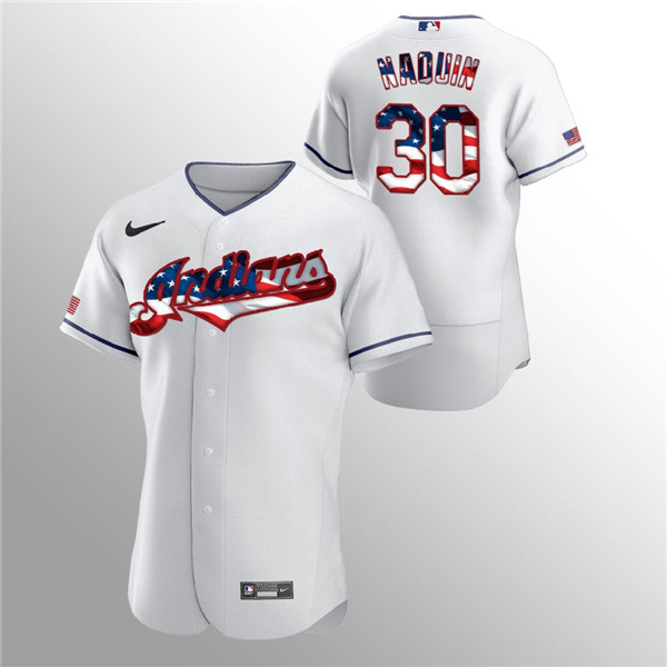 Men's Cleveland Indians White #30 Tyler Naquin 2020 Stars & Stripes Flex Base Stitched MLB Jersey