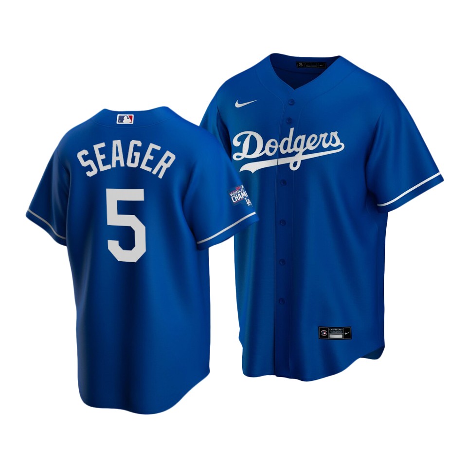 Men's Los Angeles Dodgers #5 Corey Seager Royal 2020 World Series Champions Home Patch Cool Base Stitched MLB Jersey