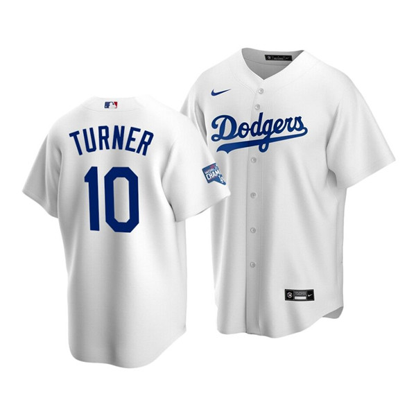 Men's Los Angeles Dodgers #10 Justin Turner White 2020 World Series Champions Home Patch Stitched MLB Jersey