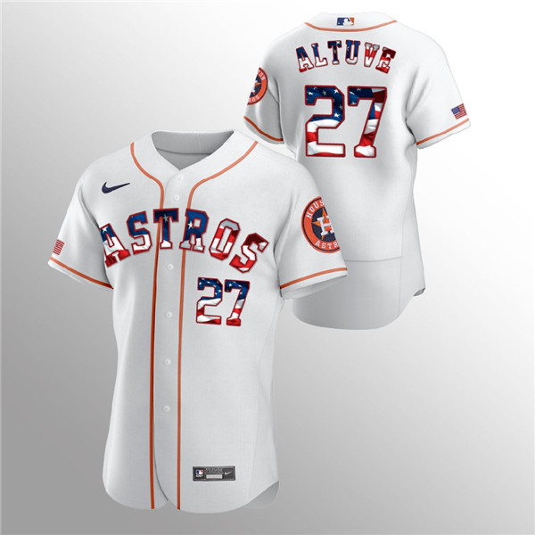 Men's Houston Astros White #27 Jose Altuve 2020 Stars & Stripes Flex Base Stitched MLB Jersey